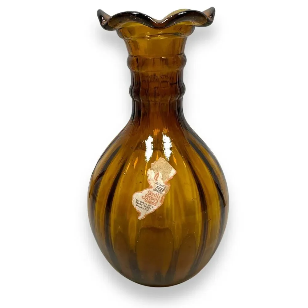 Vintage South Jersey Clevenger‎ Bros Glass Amber Vase Scalloped Edge Hand Blown